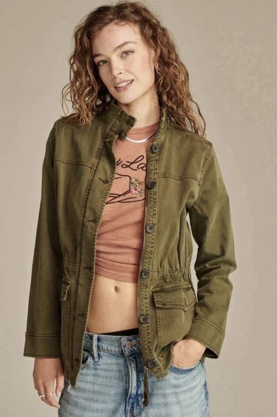 Lucky Brand Military‎ Utility Jacket Women S Green Cinch Waist Twill Safari